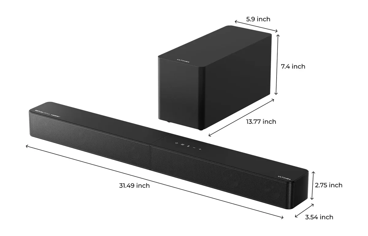 Ultimea Poseidon M60 soundbar and subwoofer with dimensions