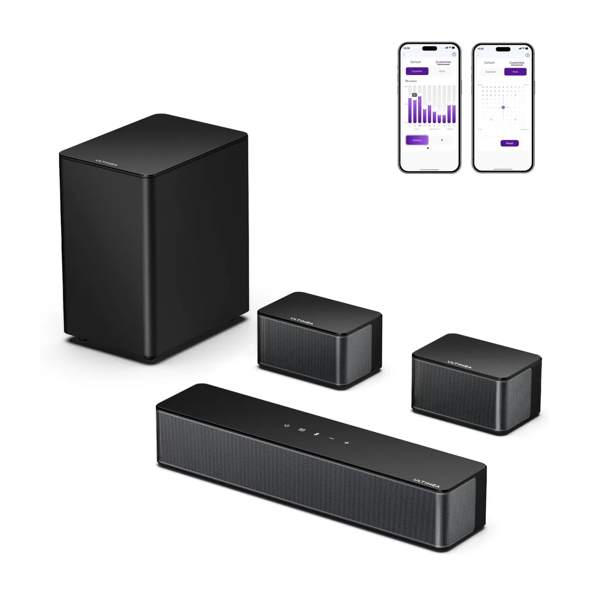 Ultimea Poseidon M60 complete system with soundbar, subwoofer, satellite speakers, and app