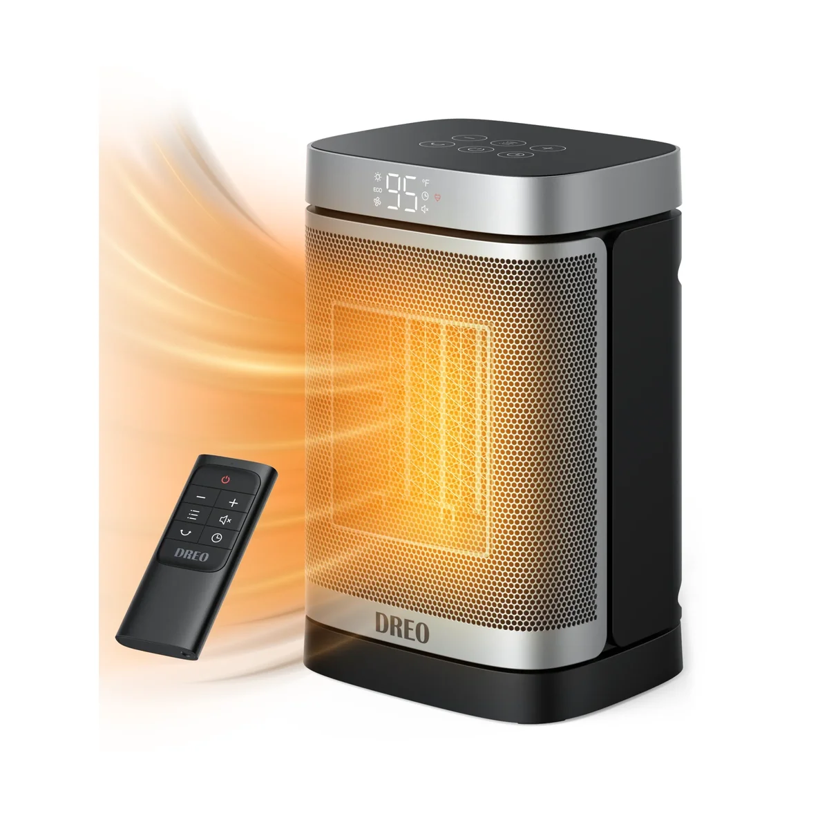 Dreo Atom One space heater showing heat flow glowing through the front grille with remote