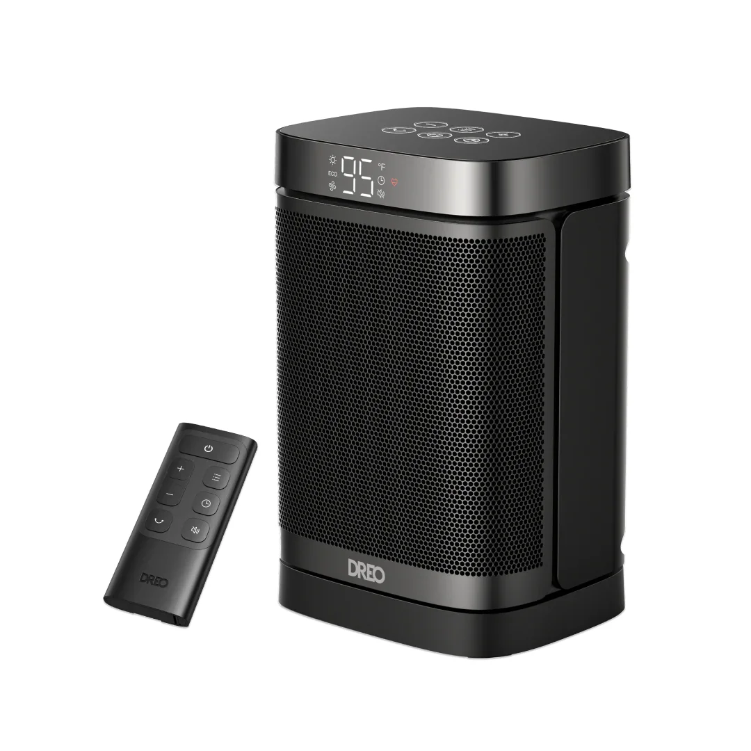 Dreo Atom One space heater front view with remote control on white background