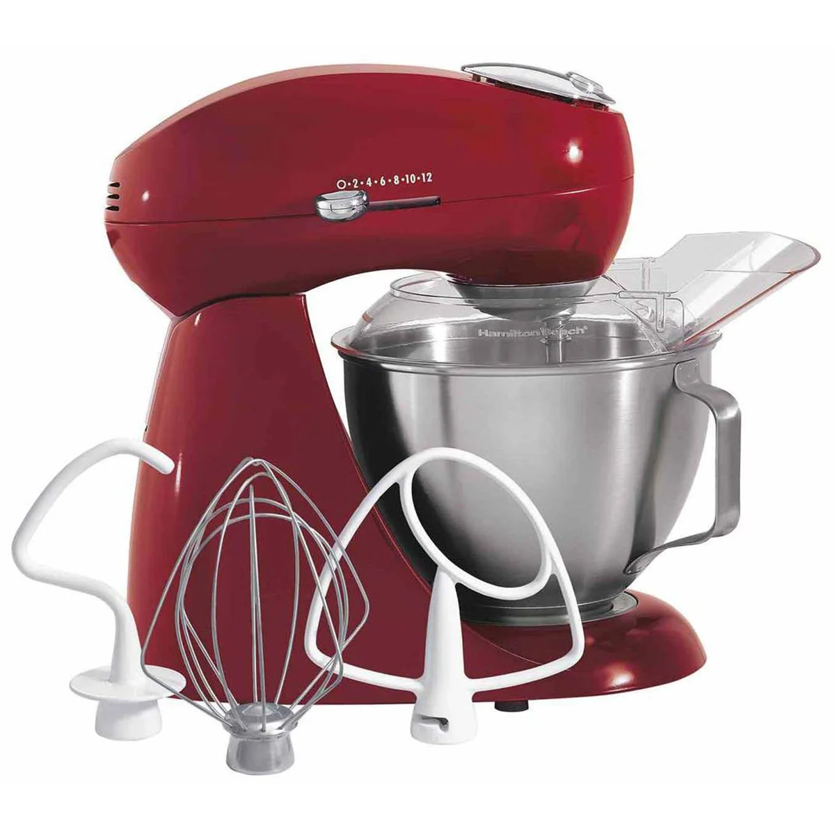 Hamilton Beach Eclectrics stand mixer with all three attachments — flat beater, wire whisk, and dough hook — displayed in front