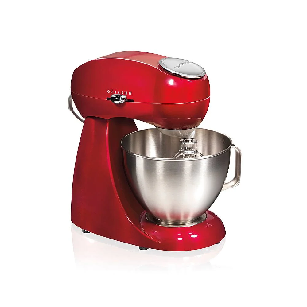 Hamilton Beach Eclectrics All-Metal Stand Mixer in red, 3/4 angle view with wire whisk attached