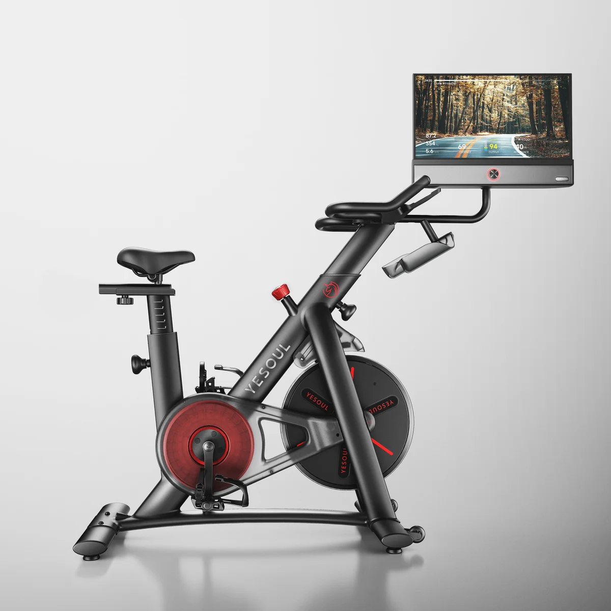 Yesoul G1M Plus front 3/4 angle showing seat adjustment, flywheel, and screen mount from opposite side