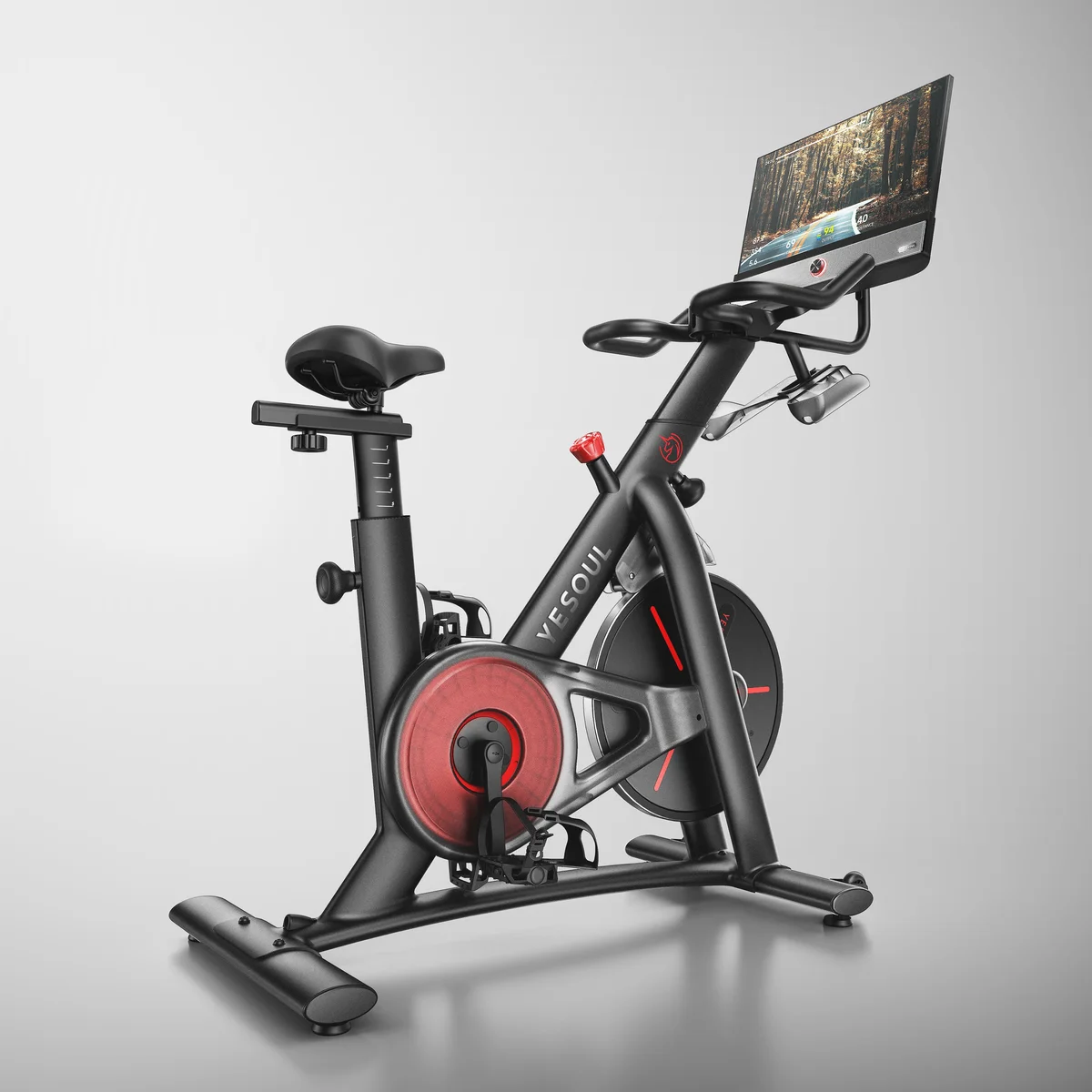 Yesoul G1M Plus stationary bike, 3/4 angle studio shot showing full frame, red magnetic flywheel, and 21.5-inch tilting screen