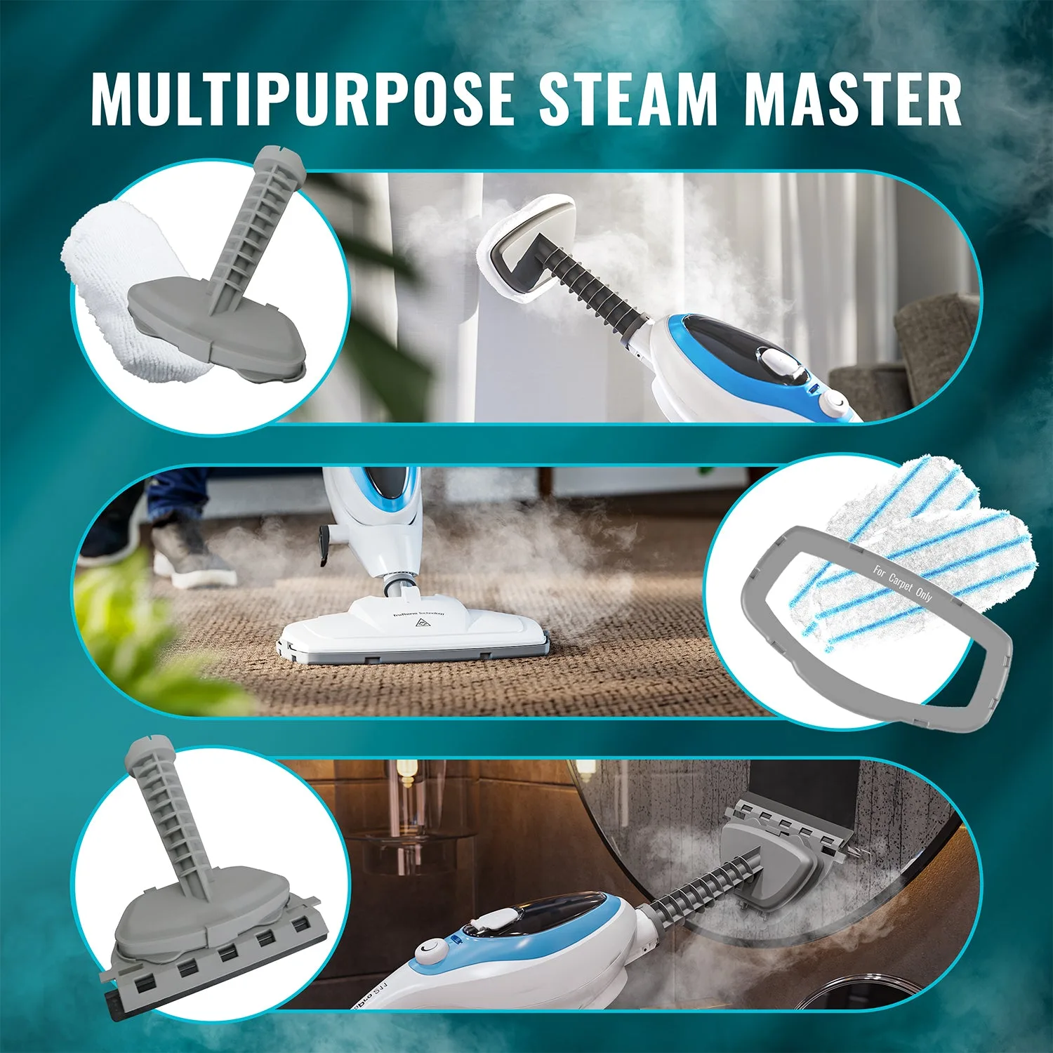 PurSteam ThermaPro attachments cleaning grout, glass, and upholstery around the home