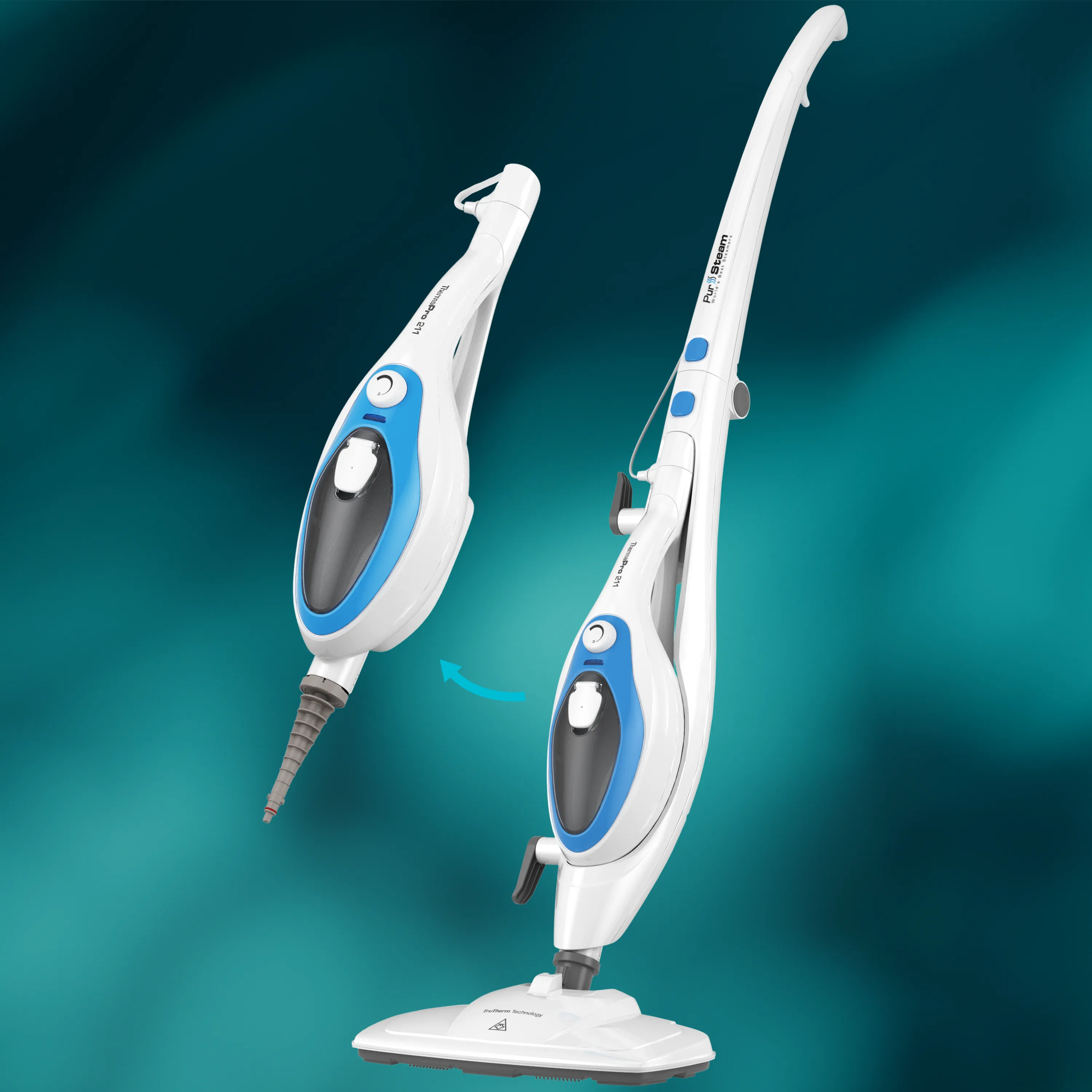 PurSteam ThermaPro 10-in-1 steam mop in blue, upright with mop head and detachable handheld unit