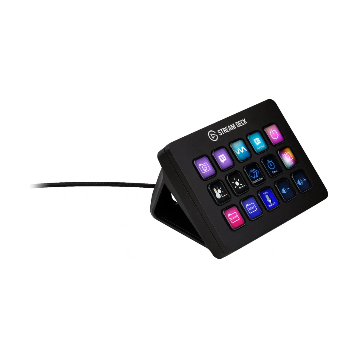 Elgato Stream Deck MK.2 at a three-quarter angle mounted on its detachable stand