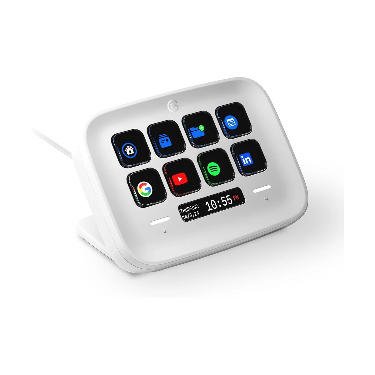 Elgato Stream Deck Neo front three-quarter view showing eight LCD keys and info bar on white background