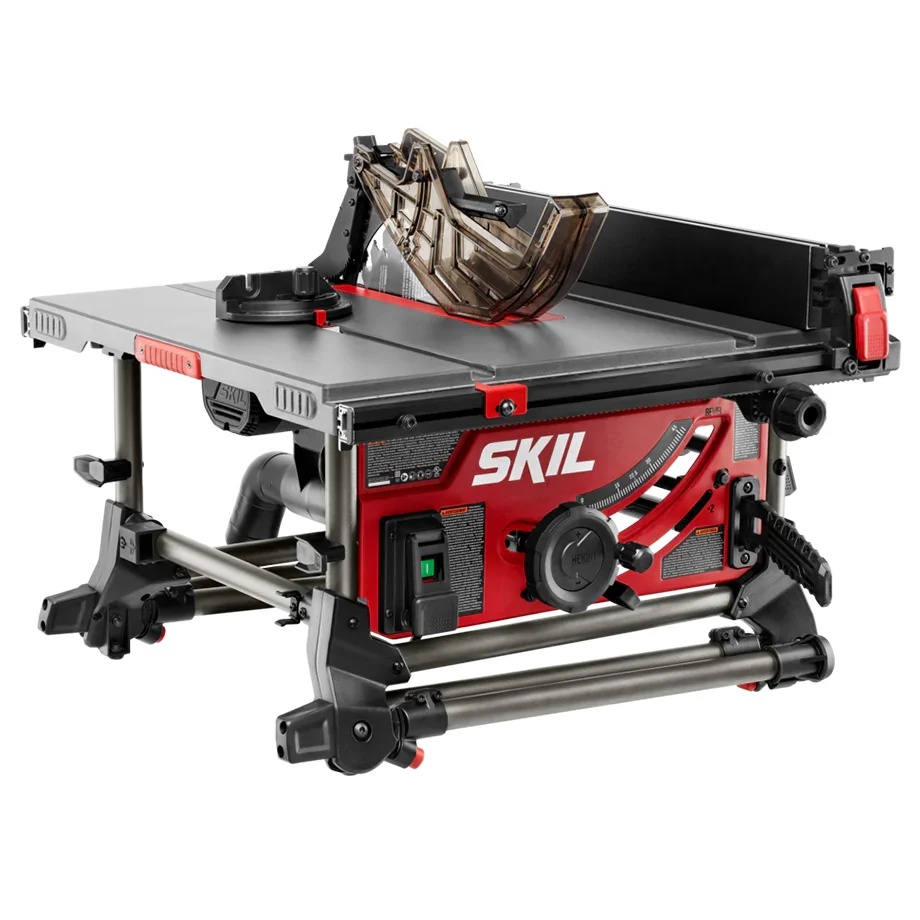 Skil TS6307-00 table saw 3/4 angle view showing table surface, blade guard, and folding stand