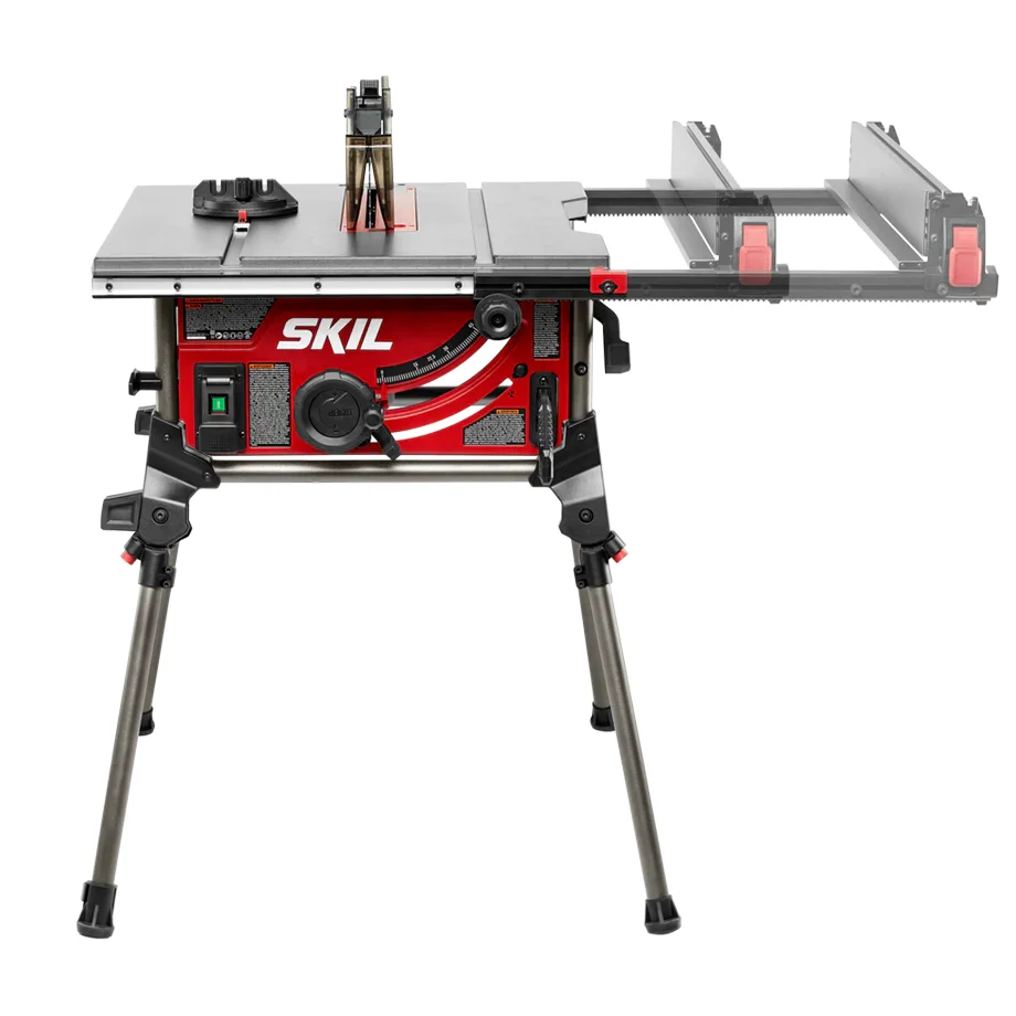 Skil TS6307-00 table saw front view with rack-and-pinion fence rail extended