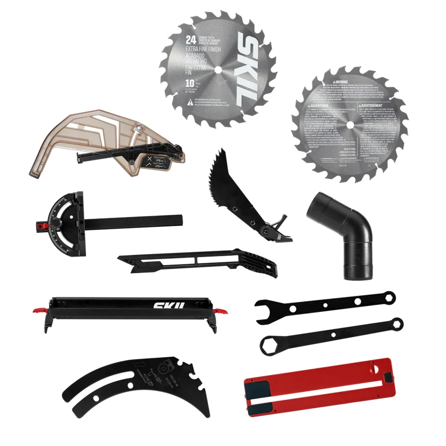 Skil TS6307-00 included accessories: blades, blade guard, miter gauge, anti-kickback pawls, wrenches, and push stick