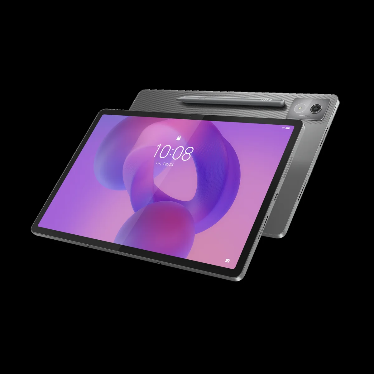 Lenovo IdeaTab Pro front and back view with Tab Pen Plus stylus magnetically attached