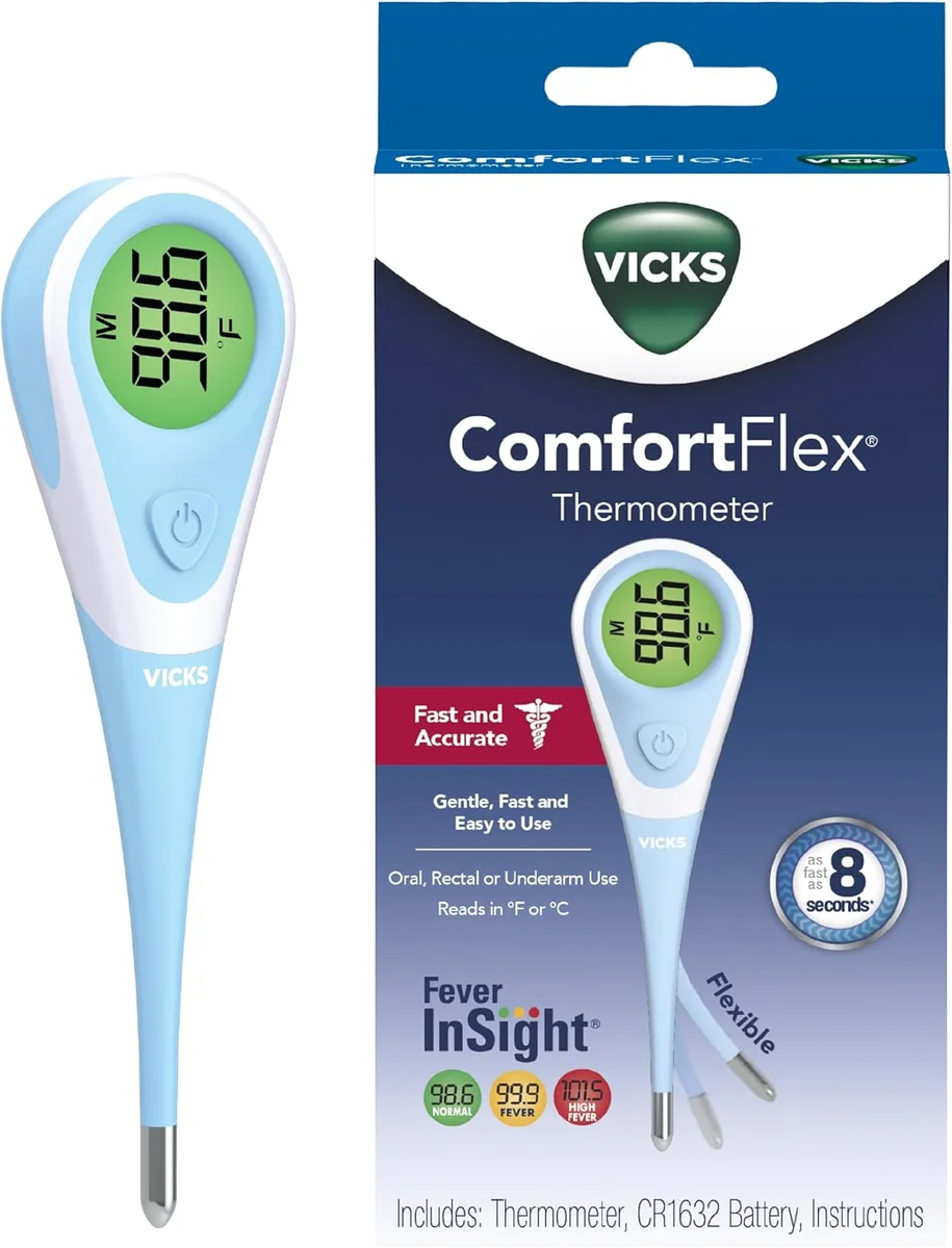 Vicks ComfortFlex V965 stick thermometer with green Fever InSight display on white background