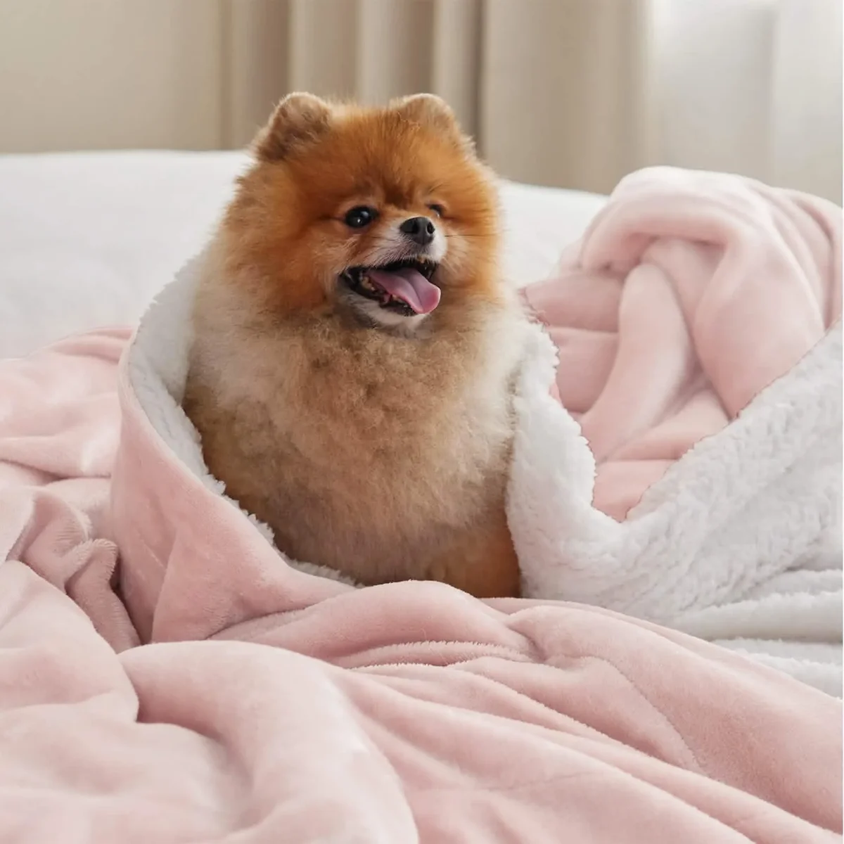 Small dog wrapped in the pink Bedsure Sherpa Fleece Throw showing the plush sherpa texture up close