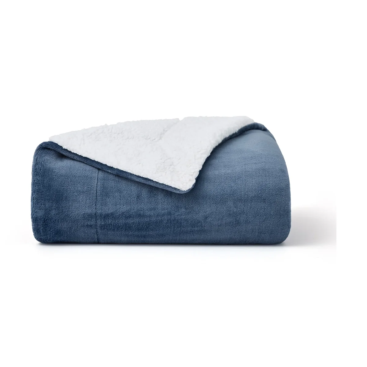 Bedsure Sherpa Fleece Throw Blanket in navy, folded to show flannel fleece front and white sherpa reverse
