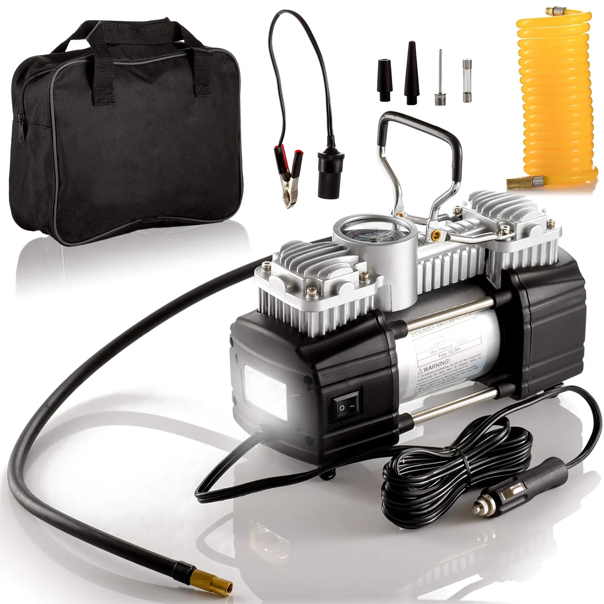 Asani Dual-Cylinder Tire Inflator with accessories including coiled air hose, carry bag, adapters, and 12V power cable