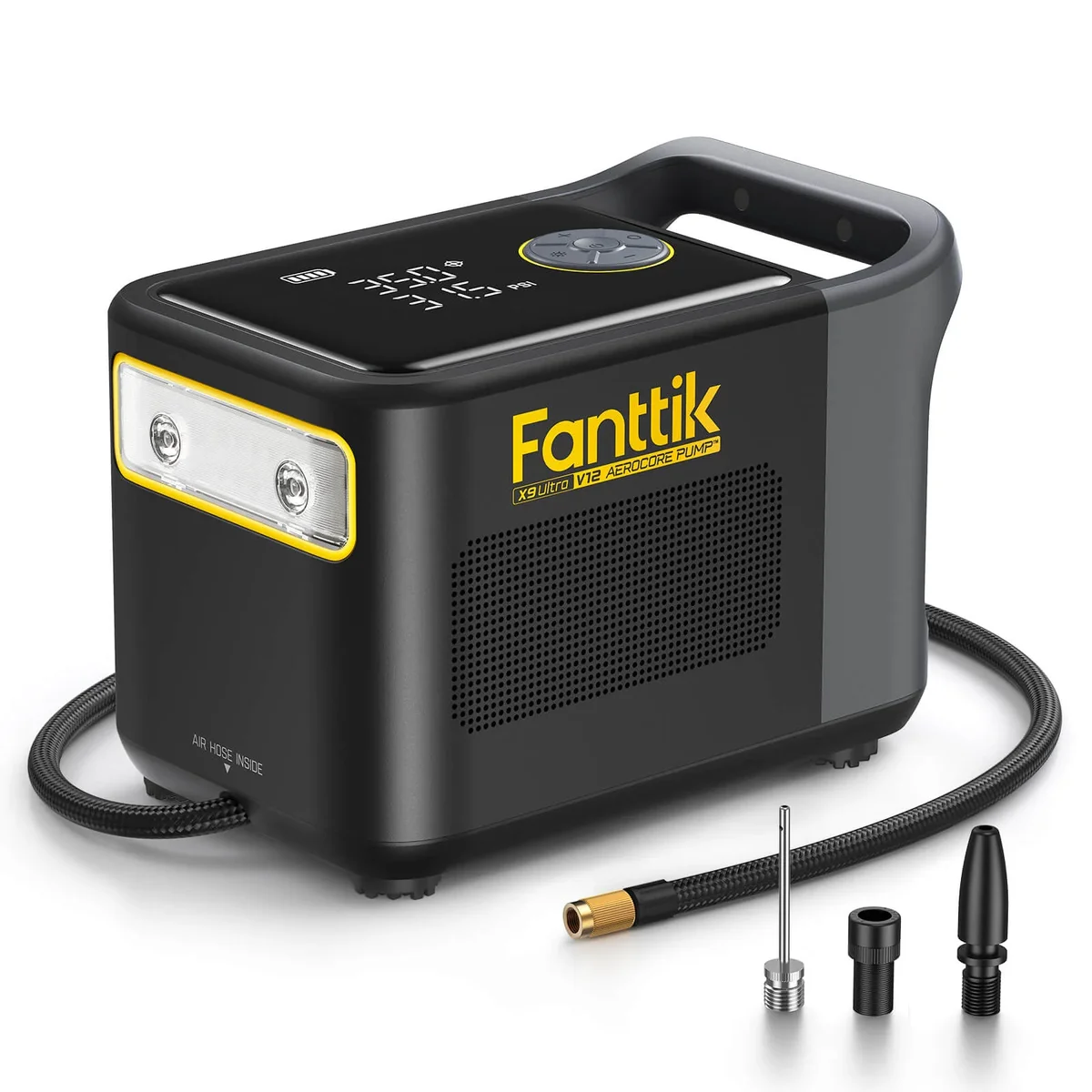 Fanttik X9 Ultra Cordless Tire Inflator with hose and accessories on white background
