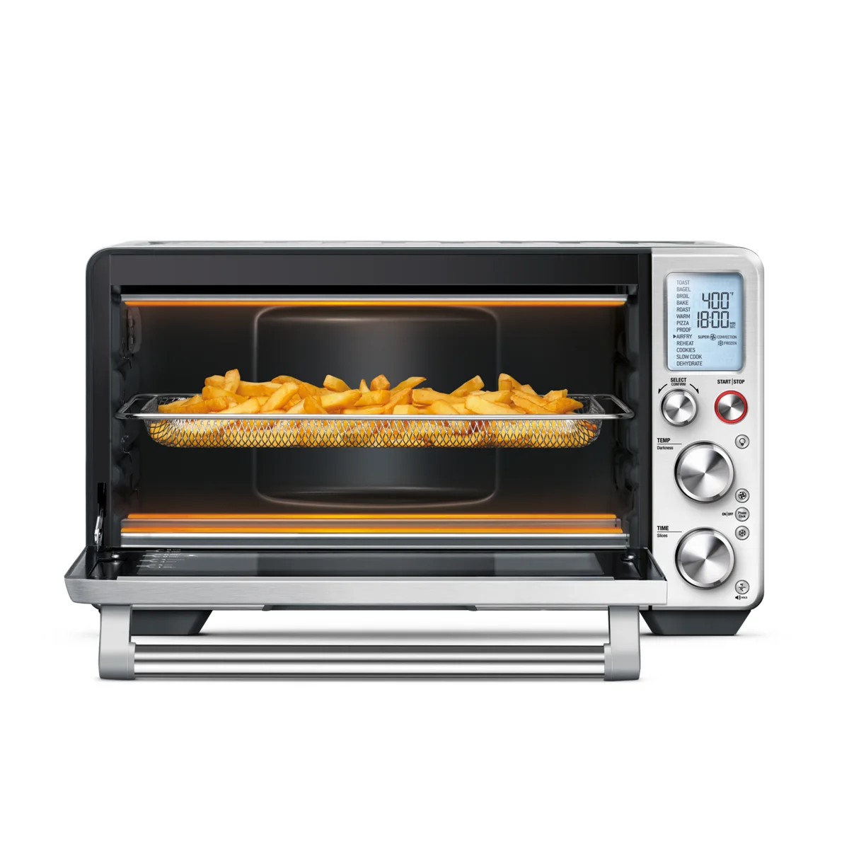 Breville Smart Oven Air Fryer Pro air frying french fries on the mesh basket inside the oven cavity