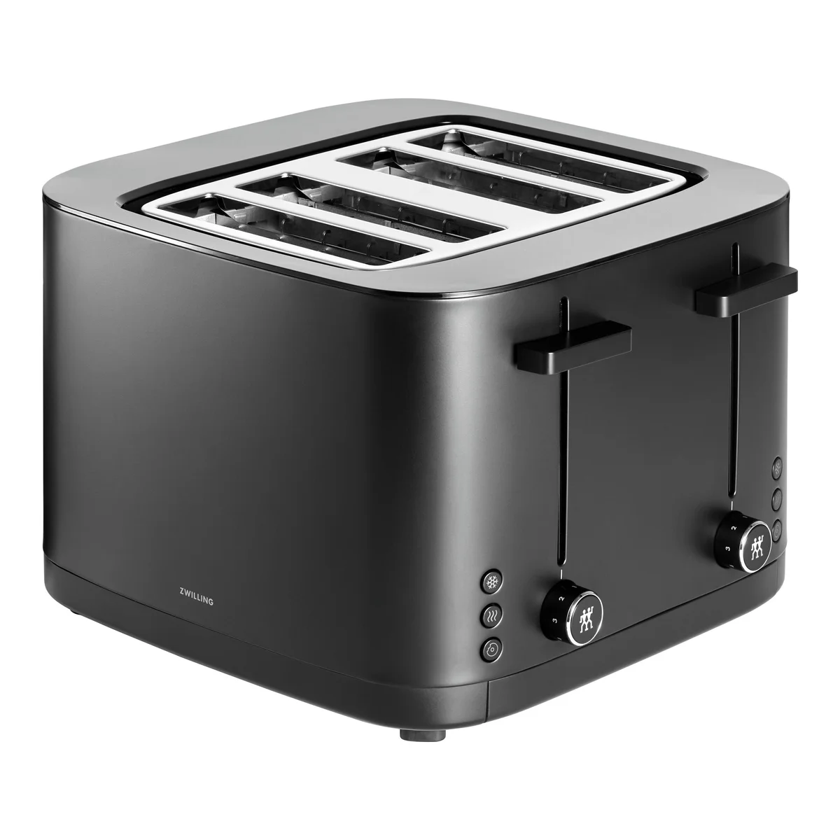Zwilling Enfinigy toaster three-quarter angle showing lever mechanism and side controls