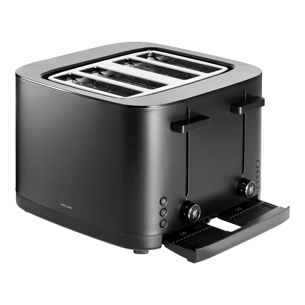 Zwilling Enfinigy toaster three-quarter view with crumb tray pulled out showing removable tray feature