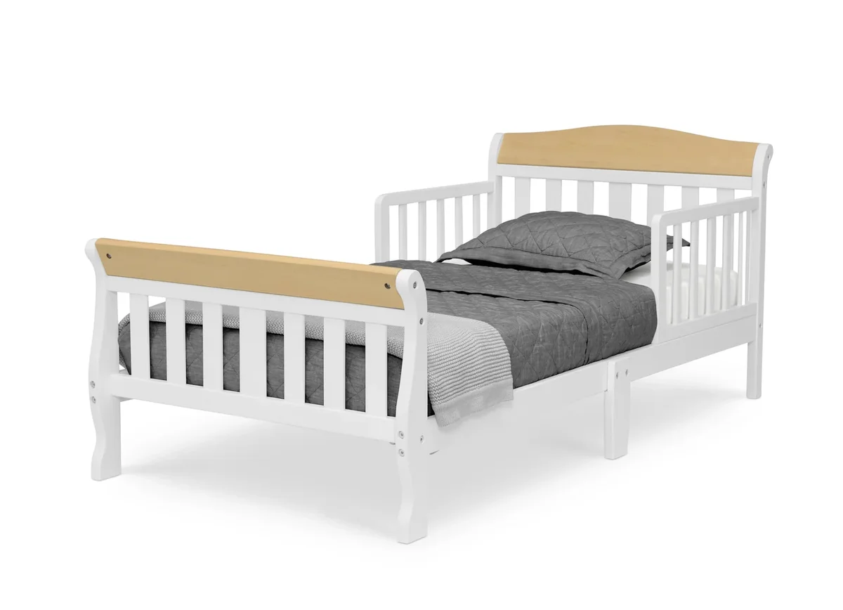 Delta Children Canton Toddler Bed alternate 3/4 angle from the opposite side, full bed with bedding