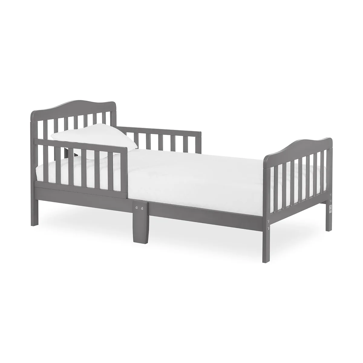 Dream On Me Classic Design Toddler Bed in grey, 3/4 angle showing both attached side rails and center support leg