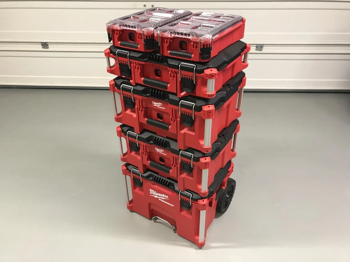 Milwaukee Packout Rolling Tool Box base unit with full stacked modular system in garage