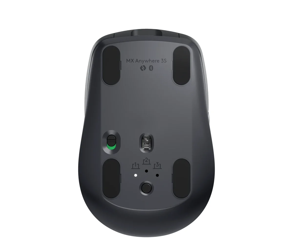 Logitech MX Anywhere 3S bottom view showing Darkfield sensor and three-device pairing controls