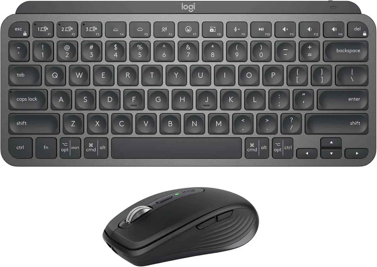 Logitech MX Anywhere 3S graphite mouse shown with MX Keys Mini keyboard on white background