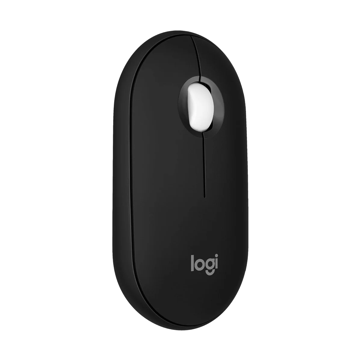 Logitech Pebble Mouse 2 M350s in graphite, angled side view on white background