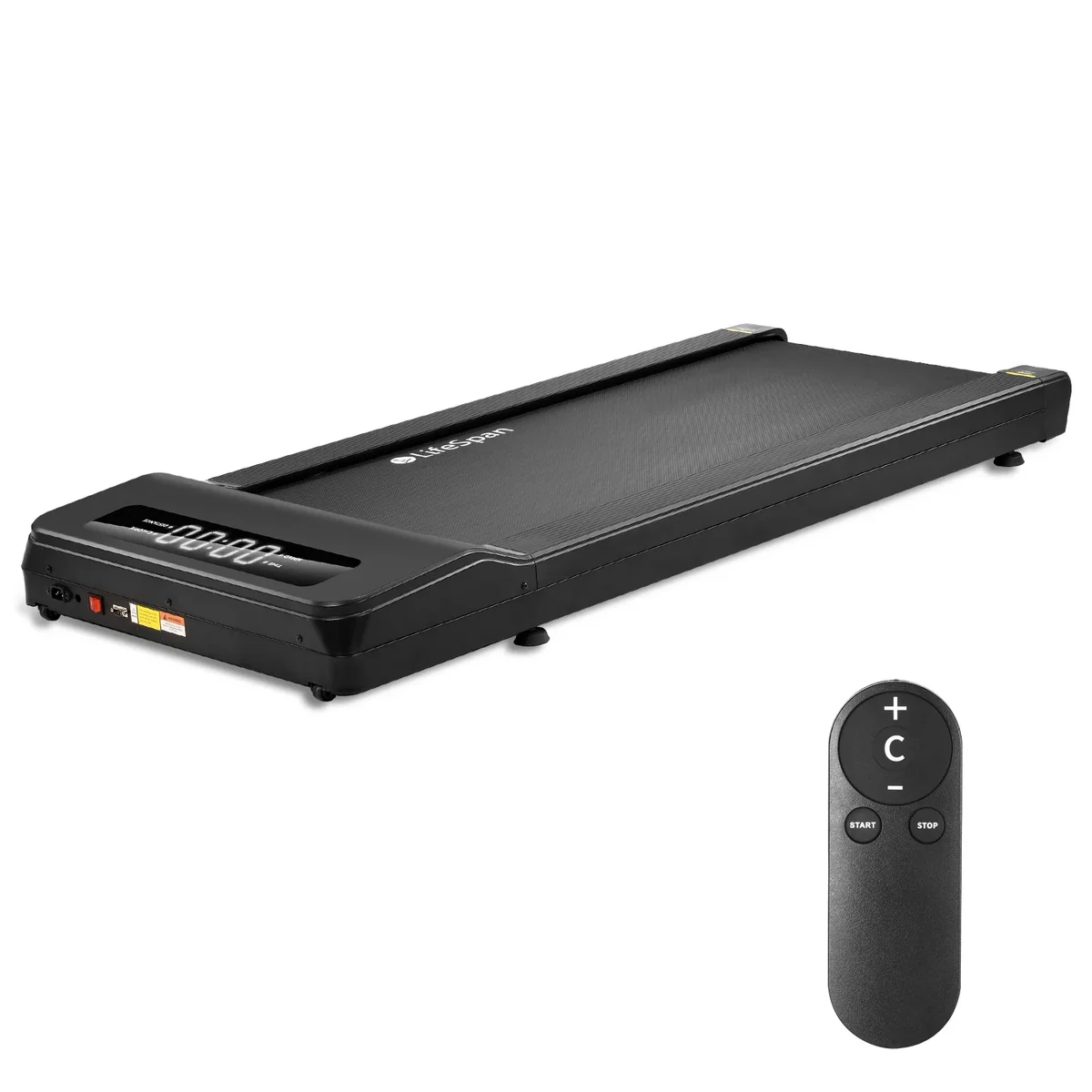 LifeSpan TX6-GlowUp under-desk treadmill in black, 3/4 angle with remote control