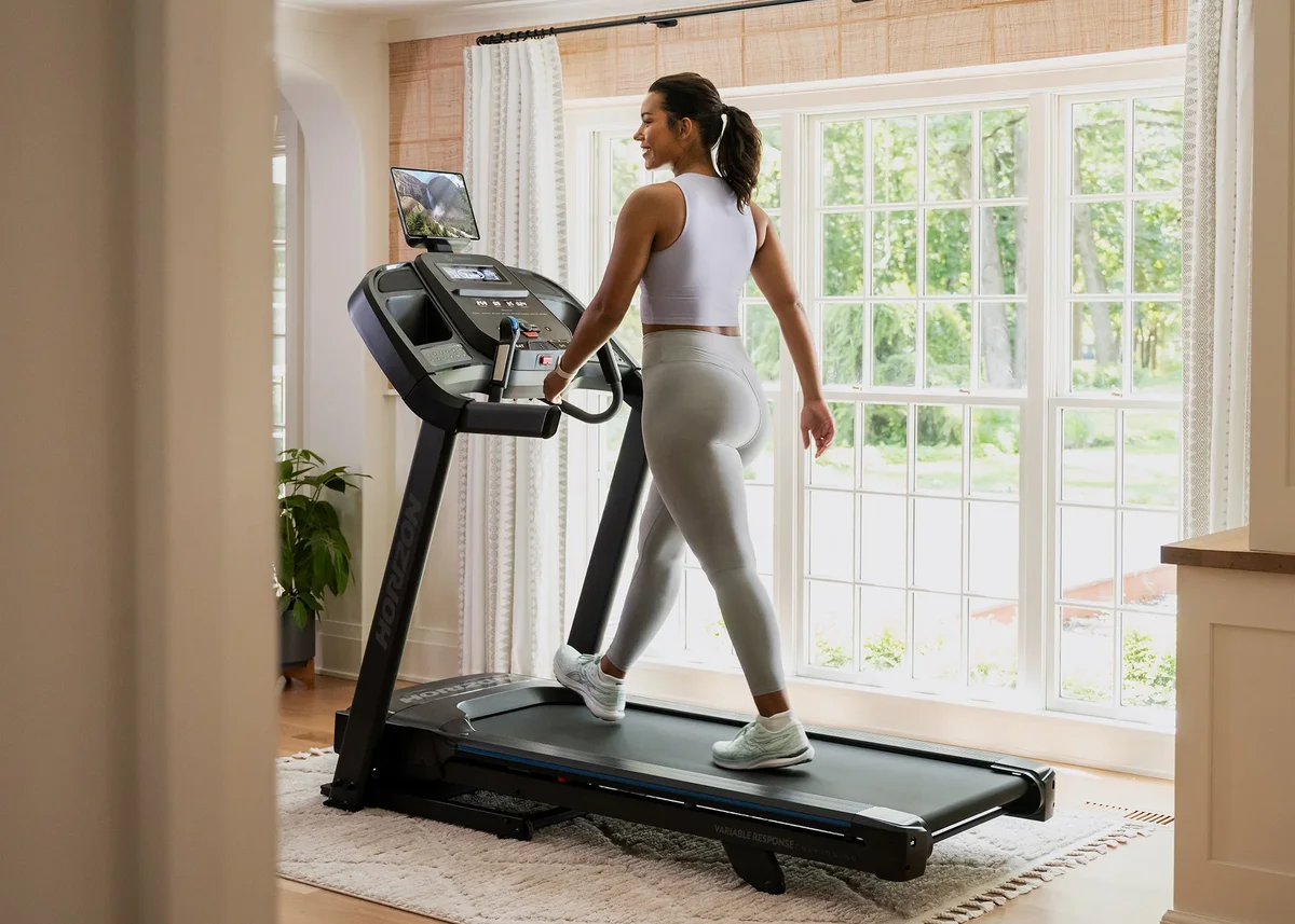 Woman walking on Horizon 7.0 AT treadmill in home gym setting