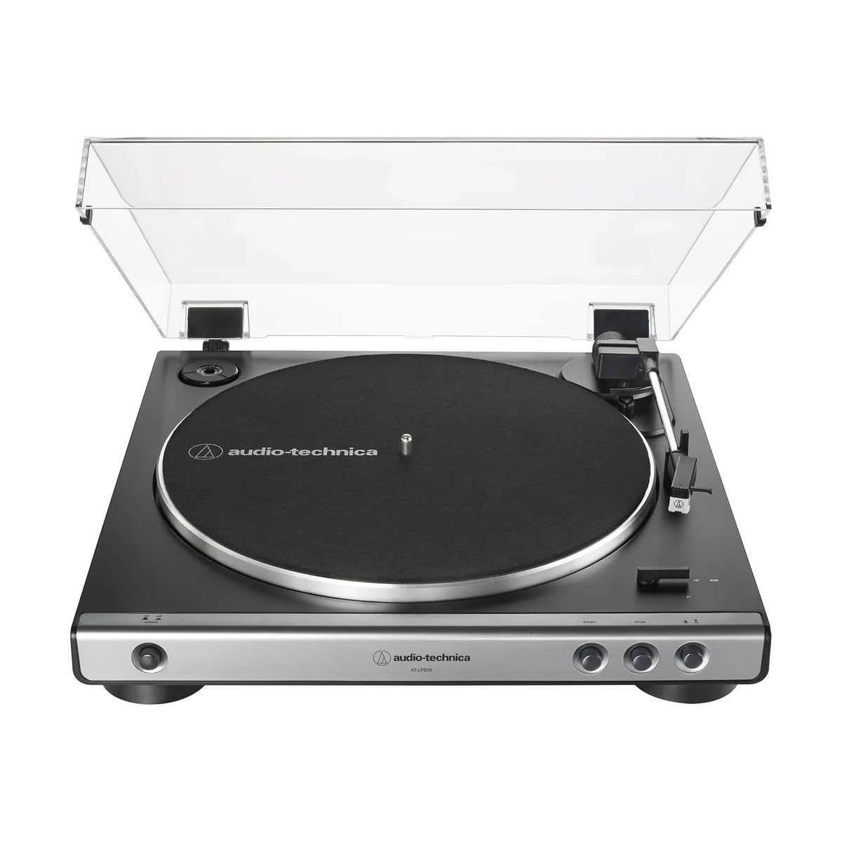 Audio-Technica AT-LP60X top-down view showing platter, tonearm and front start and stop controls