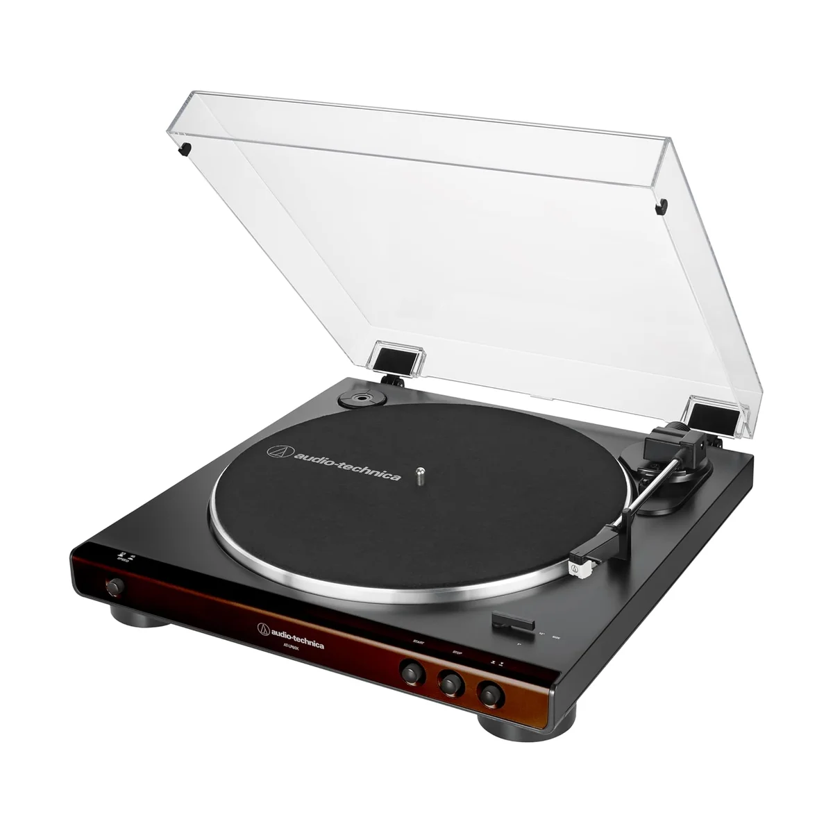 Audio-Technica AT-LP60X brown colorway at a three-quarter angle with dust cover open
