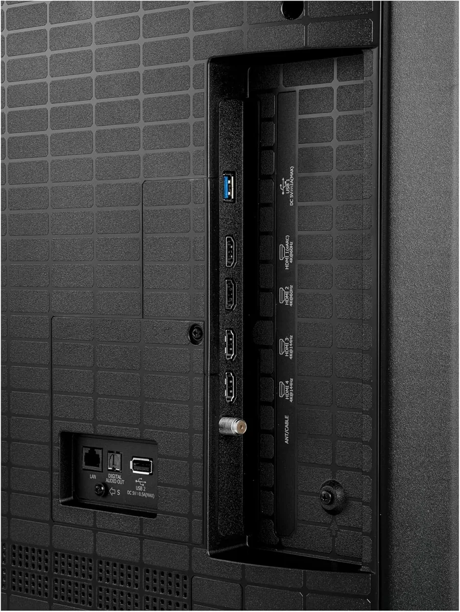 Hisense U6SF Pro side input panel close-up with four HDMI ports, USB, antenna, LAN and optical audio out