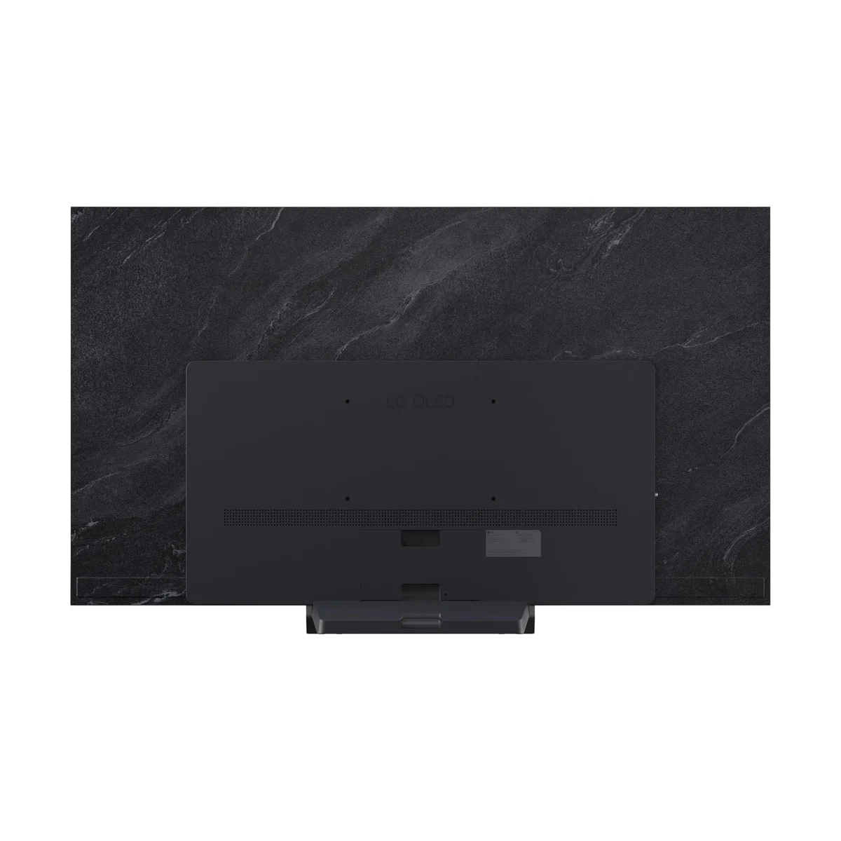 LG C6 OLED TV rear view with textured back panel, VESA mount points and center pedestal stand