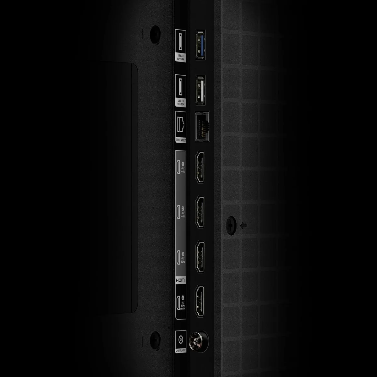 TCL QM6K rear port panel close-up showing HDMI and USB ports