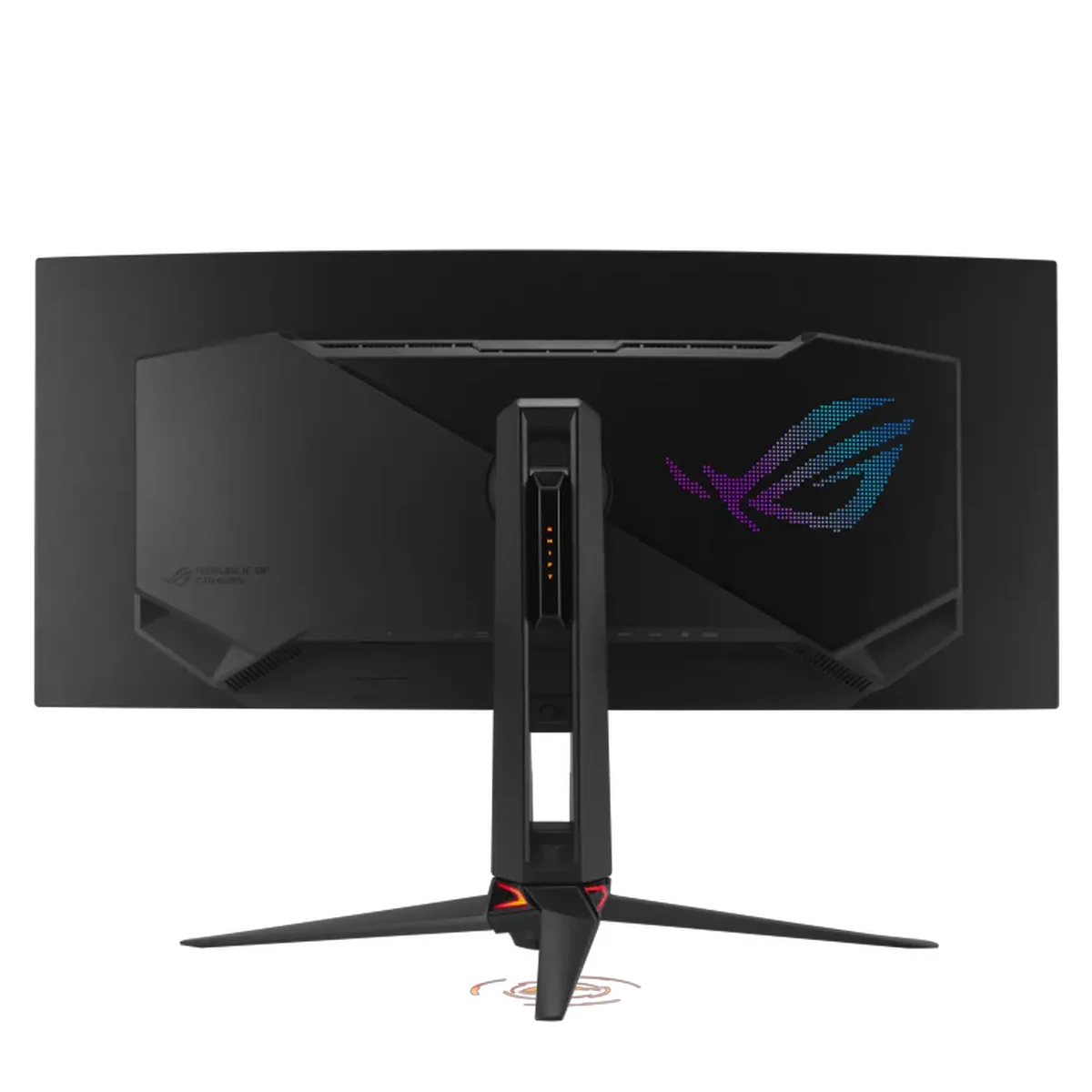 ASUS ROG Swift OLED PG34WCDN monitor rear panel with ROG logo illuminated, showing build design