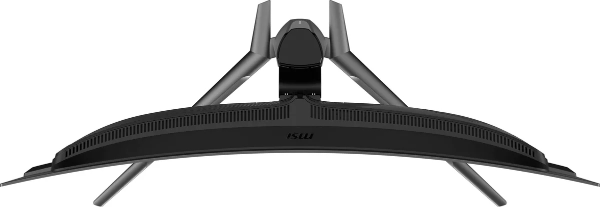 MSI MPG 341CQPX QD-OLED monitor top-down view showing curved back panel and stand arm