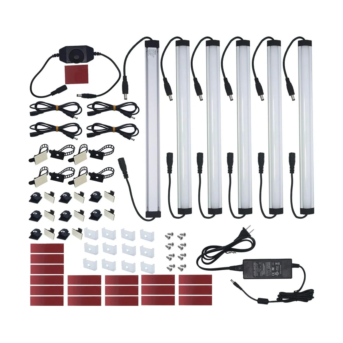 Litever 6-Bar Under-Cabinet LED Lighting Kit laid out flat with six 12-inch aluminum light bars, inline rotary dimmer, extension cables, mounting clips and 12V power adapter