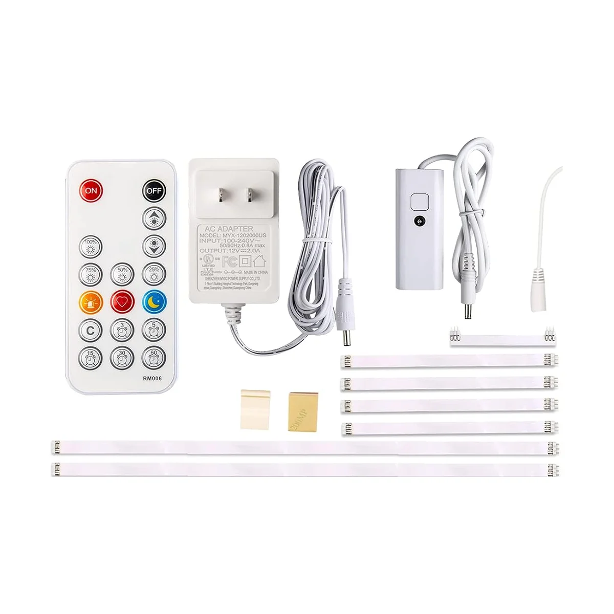 Wobane RF remote with brightness and timer buttons, plug-in power adapter, inline controller and strip connectors