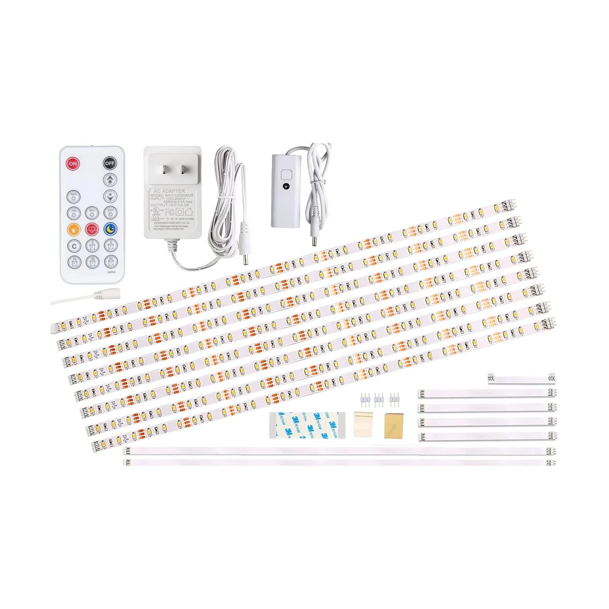 Wobane Under Cabinet LED Lighting Kit laid out on white: RF remote, plug-in adapter, inline controller, thin LED strip bars, connectors and mounting tape