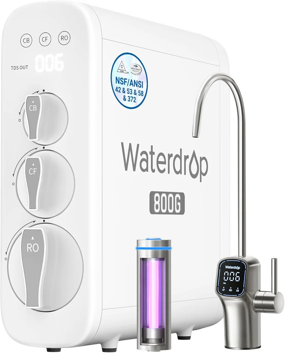 Waterdrop G3 P800 reverse osmosis system with NSF/ANSI 42, 53, 58, and 372 certification badge