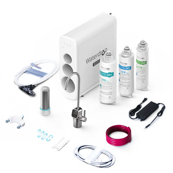 Waterdrop G3 P800 complete in-the-box contents including unit, three filter cartridges, faucet, and accessories