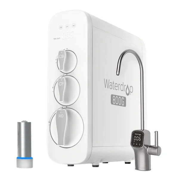 Waterdrop G3 P800 tankless reverse osmosis system front view with faucet and filter cartridge