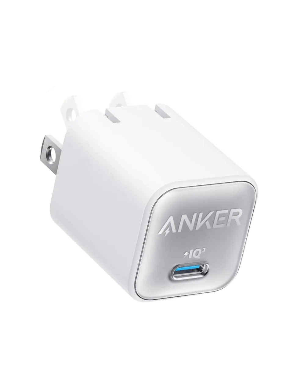 Anker Nano 3 30W charger in Aurora White, three-quarter view of the USB-C port face and folding prongs