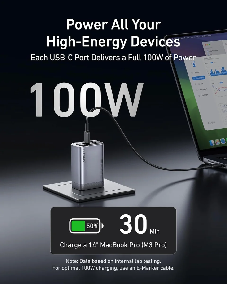 Anker Prime 100W charging a MacBook Pro at 100W