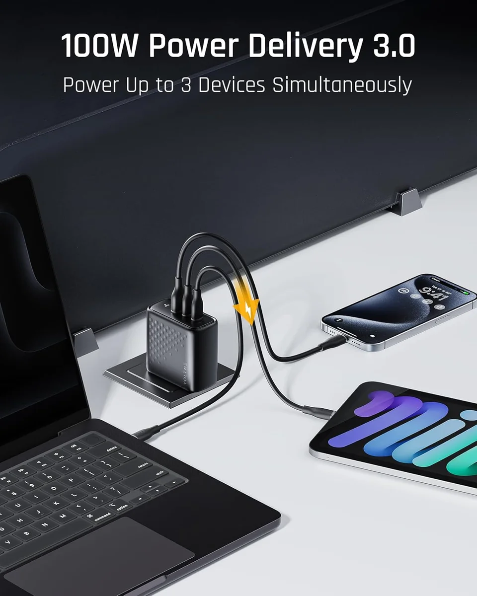 Voltme Revo 100W charging a laptop, phone, and tablet simultaneously