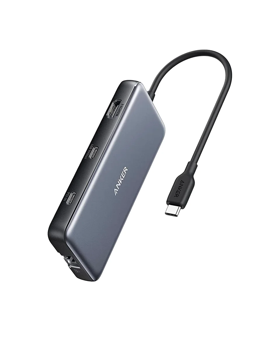 Anker 555 USB-C Hub (8-in-1) shown at a 3/4 angle with its attached USB-C cable, showing the HDMI, USB-C data, and PD-IN ports along the top edge