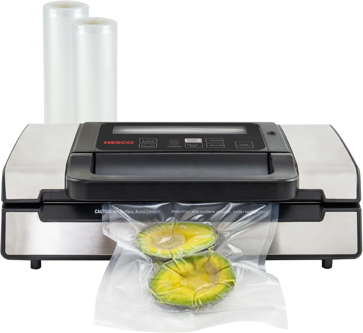 Nesco VS-12 Deluxe Vacuum Sealer on white background with bag rolls and vacuum-sealed avocado